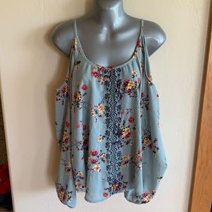 Rewind cold shoulder adjustable straps floral blouse blue green